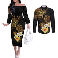 Polynesian Turtle Couples Matching Off The Shoulder Long Sleeve Dress and Long Sleeve Button Shirt Plumeria Hibiscus Pattern Black Color