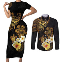 Polynesian Turtle Couples Matching Short Sleeve Bodycon Dress and Long Sleeve Button Shirt Plumeria Hibiscus Pattern Black Color