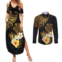 Polynesian Turtle Couples Matching Summer Maxi Dress and Long Sleeve Button Shirt Plumeria Hibiscus Pattern Black Color