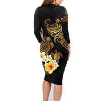 Polynesian Turtle Family Matching Long Sleeve Bodycon Dress and Hawaiian Shirt Plumeria Hibiscus Pattern Black Color LT03 - Polynesian Pride