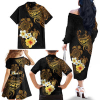 Polynesian Turtle Family Matching Off The Shoulder Long Sleeve Dress and Hawaiian Shirt Plumeria Hibiscus Pattern Black Color