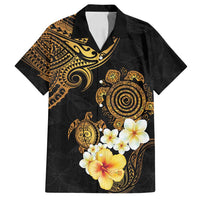 Polynesian Turtle Family Matching Tank Maxi Dress and Hawaiian Shirt Plumeria Hibiscus Pattern Black Color