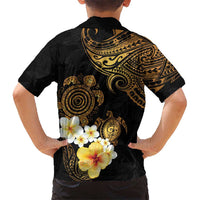 Polynesian Turtle Kid Hawaiian Shirt Plumeria Hibiscus Pattern Black Color
