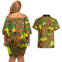 New Zealand Kowhai Flowers Couples Matching Off Shoulder Short Dress and Hawaiian Shirt Maori Koru Pattern