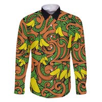 New Zealand Kowhai Flowers Family Matching Short Sleeve Bodycon Dress and Hawaiian Shirt Maori Koru Pattern LT03 Dad's Shirt - Long Sleeve Orange - Polynesian Pride
