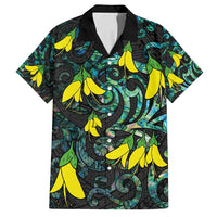 New Zealand Kowhai Flowers Family Matching Long Sleeve Bodycon Dress and Hawaiian Shirt Maori Koru Pattern With Paua Shell Style LT03 Dad's Shirt - Short Sleeve Black - Polynesian Pride