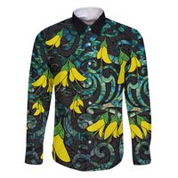 New Zealand Kowhai Flowers Family Matching Mermaid Dress and Hawaiian Shirt Maori Koru Pattern With Paua Shell Style LT03 Dad's Shirt - Long Sleeve Black - Polynesian Pride