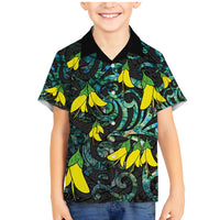 New Zealand Kowhai Flowers Family Matching Mermaid Dress and Hawaiian Shirt Maori Koru Pattern With Paua Shell Style LT03 Son's Shirt Black - Polynesian Pride