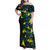 New Zealand Kowhai Flowers Family Matching Off Shoulder Maxi Dress and Hawaiian Shirt Maori Koru Pattern With Paua Shell Style