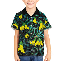 New Zealand Kowhai Flowers Family Matching Puletasi and Hawaiian Shirt Maori Koru Pattern With Paua Shell Style LT03 Son's Shirt Black - Polynesian Pride