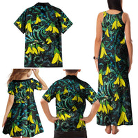 New Zealand Kowhai Flowers Family Matching Tank Maxi Dress and Hawaiian Shirt Maori Koru Pattern With Paua Shell Style