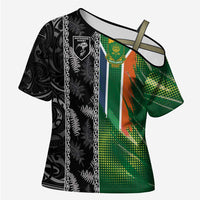 Custom Aotearoa South Africa Rugby Freedom Cup Cross Shoulder Shirt Maori Silver Fern Art and Sporty Flag SA - Polynesian Pride