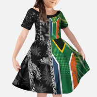 Custom Aotearoa South Africa Rugby Freedom Cup Family Matching Mermaid Dress and Hawaiian Shirt Maori Silver Fern Art and Sporty Flag SA - Polynesian Pride