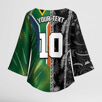 Custom Aotearoa South Africa Rugby Freedom Cup Kimono Sleeve Blouse Maori Silver Fern Art and Sporty Flag SA - Polynesian Pride