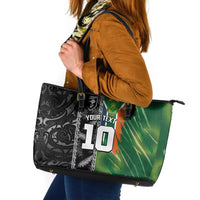 Custom Aotearoa South Africa Rugby Freedom Cup Leather Tote Bag Maori Silver Fern Art and Sporty Flag SA LT03 Black - Polynesian Pride
