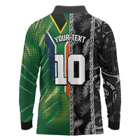 Custom Aotearoa South Africa Rugby Freedom Cup Long Sleeve Polo Shirt Maori Silver Fern Art and Sporty Flag SA - Polynesian Pride