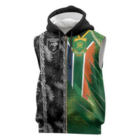 Custom Aotearoa South Africa Rugby Freedom Cup Sleeveless Zip Hoodie Maori Silver Fern Art and Sporty Flag SA LT03 Black - Polynesian Pride