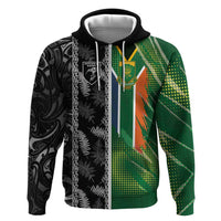 Custom Aotearoa South Africa Rugby Freedom Cup Zip Hoodie Maori Silver Fern Art and Sporty Flag SA - Polynesian Pride