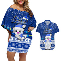 Palau Christmas Couples Matching Off Shoulder Short Dress and Hawaiian Shirt Snowman Hugs Palau Coat of Arms Maori Pattern Blue Style LT03 Blue - Polynesian Pride