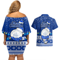 Palau Christmas Couples Matching Off Shoulder Short Dress and Hawaiian Shirt Snowman Hugs Palau Coat of Arms Maori Pattern Blue Style LT03 - Polynesian Pride