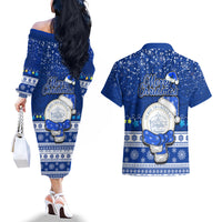 Palau Christmas Couples Matching Off The Shoulder Long Sleeve Dress and Hawaiian Shirt Snowman Hugs Palau Coat of Arms Maori Pattern Blue Style LT03 - Polynesian Pride