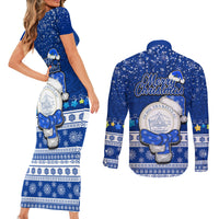 Palau Christmas Couples Matching Short Sleeve Bodycon Dress and Long Sleeve Button Shirt Snowman Hugs Palau Coat of Arms Maori Pattern Blue Style LT03 - Polynesian Pride