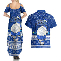 Palau Christmas Couples Matching Summer Maxi Dress and Hawaiian Shirt Snowman Hugs Palau Coat of Arms Maori Pattern Blue Style LT03 - Polynesian Pride