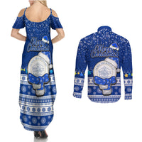 Palau Christmas Couples Matching Summer Maxi Dress and Long Sleeve Button Shirt Snowman Hugs Palau Coat of Arms Maori Pattern Blue Style LT03 - Polynesian Pride