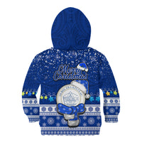 Palau Christmas Kid Hoodie Snowman Hugs Palau Coat of Arms Maori Pattern Blue Style LT03 - Polynesian Pride