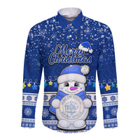 Palau Christmas Long Sleeve Button Shirt Snowman Hugs Palau Coat of Arms Maori Pattern Blue Style LT03 Unisex Blue - Polynesian Pride