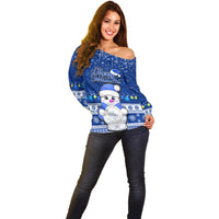 Palau Christmas Off Shoulder Sweater Snowman Hugs Palau Coat of Arms Maori Pattern Blue Style LT03 - Polynesian Pride