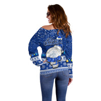 Palau Christmas Off Shoulder Sweater Snowman Hugs Palau Coat of Arms Maori Pattern Blue Style LT03 - Polynesian Pride