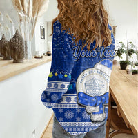 Personalised Palau Christmas Women Casual Shirt Snowman Hugs Palau Coat of Arms Maori Pattern Blue Style LT03 - Polynesian Pride