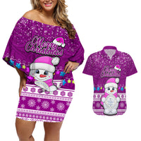 Palau Christmas Couples Matching Off Shoulder Short Dress and Hawaiian Shirt Snowman Hugs Palau Coat of Arms Maori Pattern Pink Style LT03 Pink - Polynesian Pride