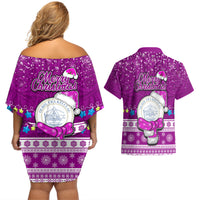 Palau Christmas Couples Matching Off Shoulder Short Dress and Hawaiian Shirt Snowman Hugs Palau Coat of Arms Maori Pattern Pink Style LT03 - Polynesian Pride