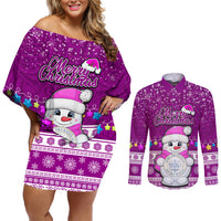 Palau Christmas Couples Matching Off Shoulder Short Dress and Long Sleeve Button Shirt Snowman Hugs Palau Coat of Arms Maori Pattern Pink Style LT03 Pink - Polynesian Pride