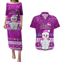 Palau Christmas Couples Matching Puletasi Dress and Hawaiian Shirt Snowman Hugs Palau Coat of Arms Maori Pattern Pink Style LT03 Pink - Polynesian Pride