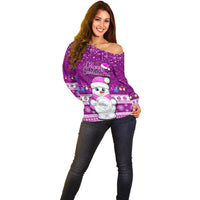 Palau Christmas Off Shoulder Sweater Snowman Hugs Palau Coat of Arms Maori Pattern Pink Style LT03 - Polynesian Pride