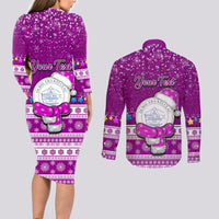 Personalised Palau Christmas Couples Matching Long Sleeve Bodycon Dress and Long Sleeve Button Shirt Snowman Hugs Palau Coat of Arms Maori Pattern Pink Style LT03 - Polynesian Pride