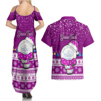 Personalised Palau Christmas Couples Matching Summer Maxi Dress and Hawaiian Shirt Snowman Hugs Palau Coat of Arms Maori Pattern Pink Style LT03 - Polynesian Pride