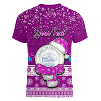 Personalised Palau Christmas Women V Neck T Shirt Snowman Hugs Palau Coat of Arms Maori Pattern Pink Style LT03 - Polynesian Pride