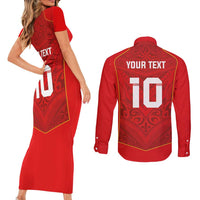 Custom Mate Ma'a Tonga Rugby Couples Matching Short Sleeve Bodycon Dress and Long Sleeve Button Shirt Ngatu Tribal Motifs Sporty Style - Polynesian Pride