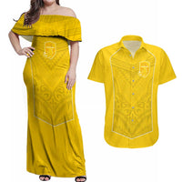 Custom Niue Rugby Couples Matching Off Shoulder Maxi Dress and Hawaiian Shirt Hiapo Tribal Motifs Sporty Style - Polynesian Pride