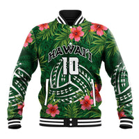 Custom Hawaii Volleyball Baseball Jacket Kakau Abstract and Tropical Plants Green Color - Polynesian Pride