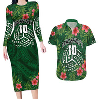 Custom Hawaii Volleyball Couples Matching Long Sleeve Bodycon Dress and Hawaiian Shirt Kakau Abstract and Tropical Plants Green Color - Polynesian Pride