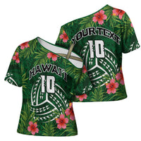 Custom Hawaii Volleyball Cross Shoulder Shirt Kakau Abstract and Tropical Plants Green Color - Polynesian Pride