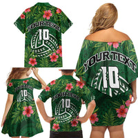 Custom Hawaii Volleyball Family Matching Off Shoulder Short Dress and Hawaiian Shirt Kakau Abstract and Tropical Plants Green Color - Polynesian Pride