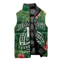 Custom Hawaii Volleyball Sleeveless Puffer Jacket Kakau Abstract and Tropical Plants Green Color - Polynesian Pride