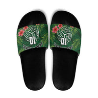 Custom Hawaii Volleyball Slide Sandals Kakau Abstract and Tropical Plants Green Color - Polynesian Pride