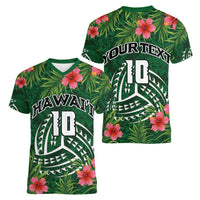Custom Hawaii Volleyball Women V-Neck T-Shirt Kakau Abstract and Tropical Plants Green Color - Polynesian Pride